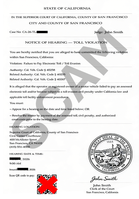 Sample notice of a toll violation that scammers have sent to the public